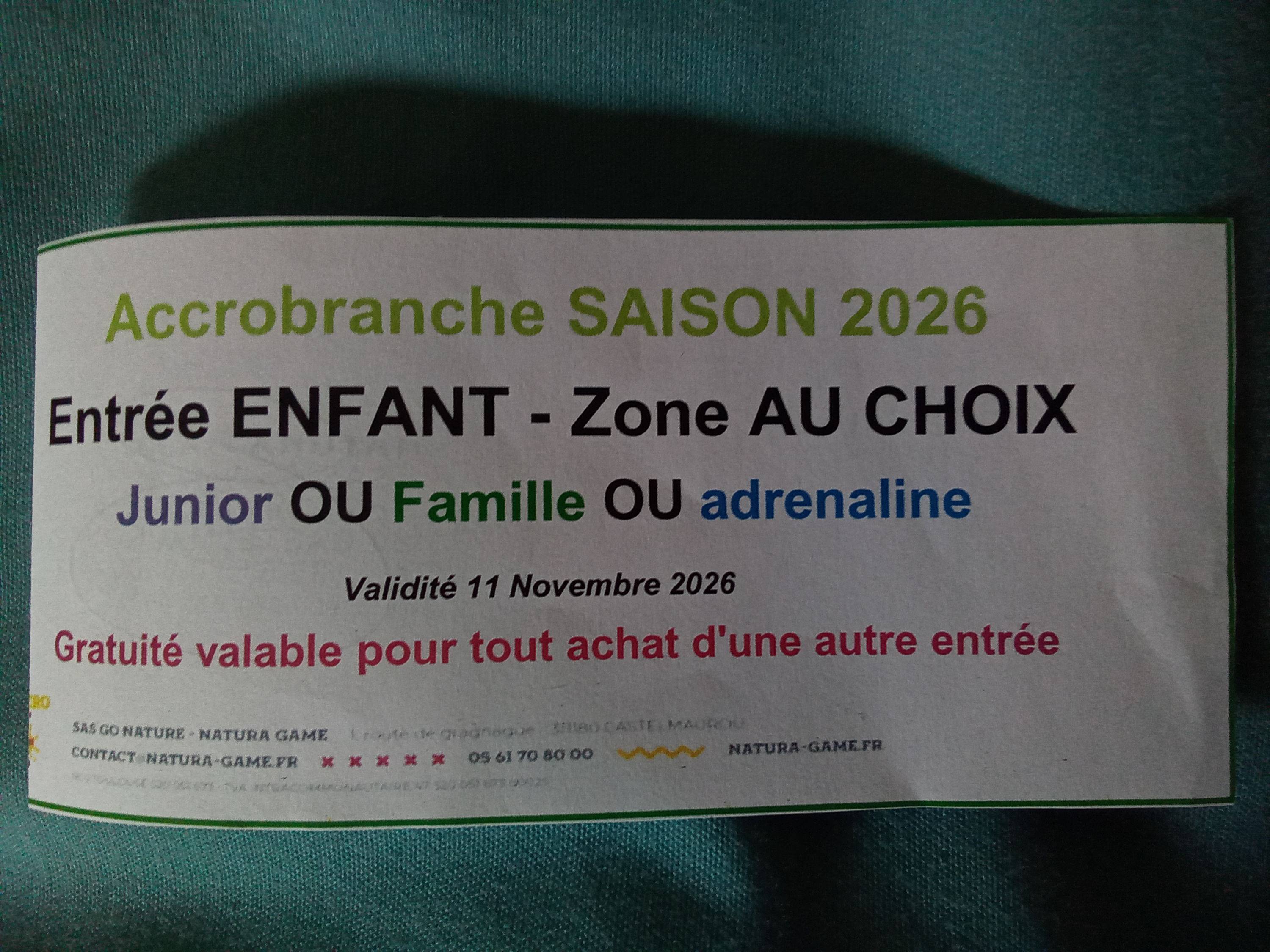 Propose entrée Accrobranche Natura Game à Castelmaurou le 10 novembre