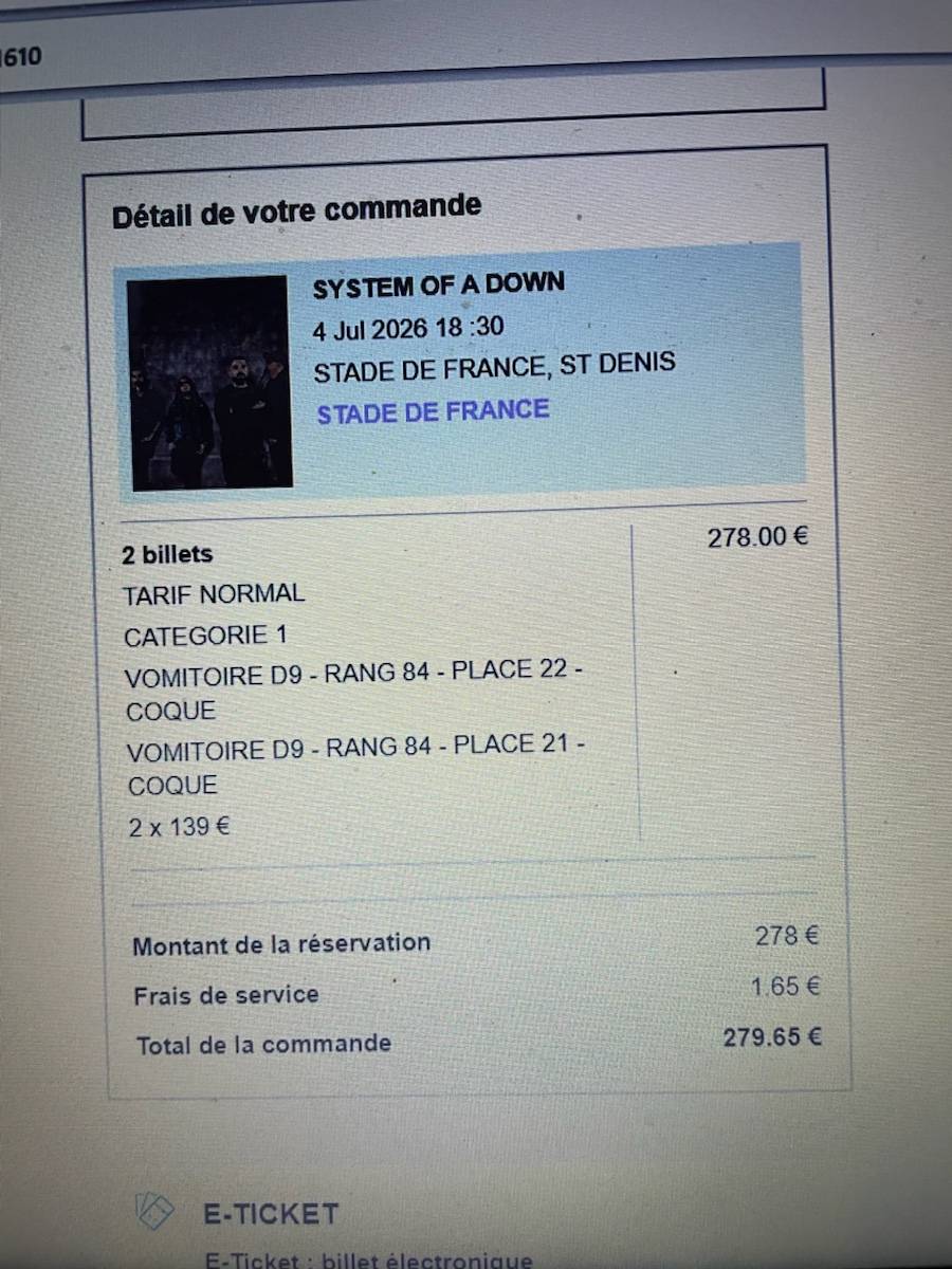 Propose 2 billets pour le concert de System of a Down le 4 juillet