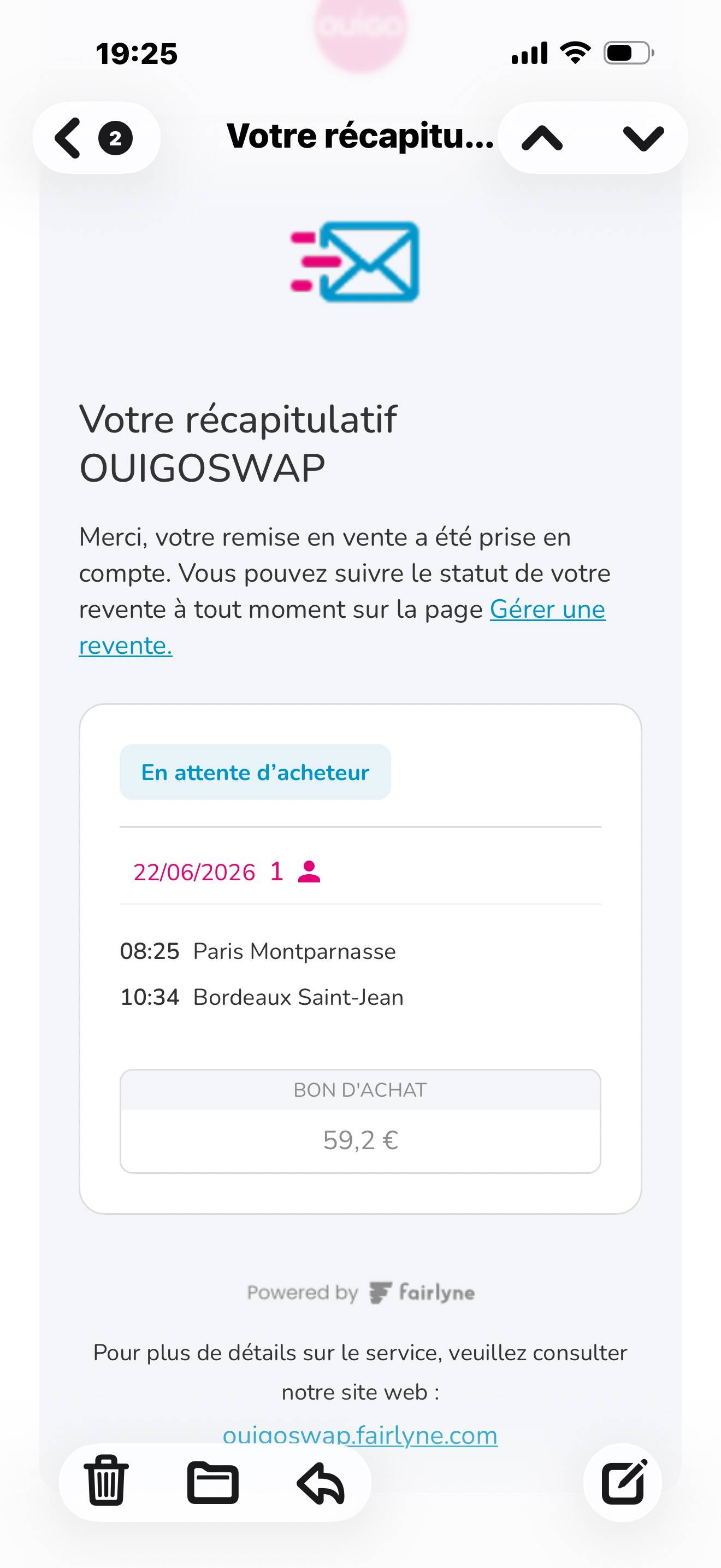 Propose billet Ouigo le 22 juin prochain départ Paris vers Bordeaux départ 8h25