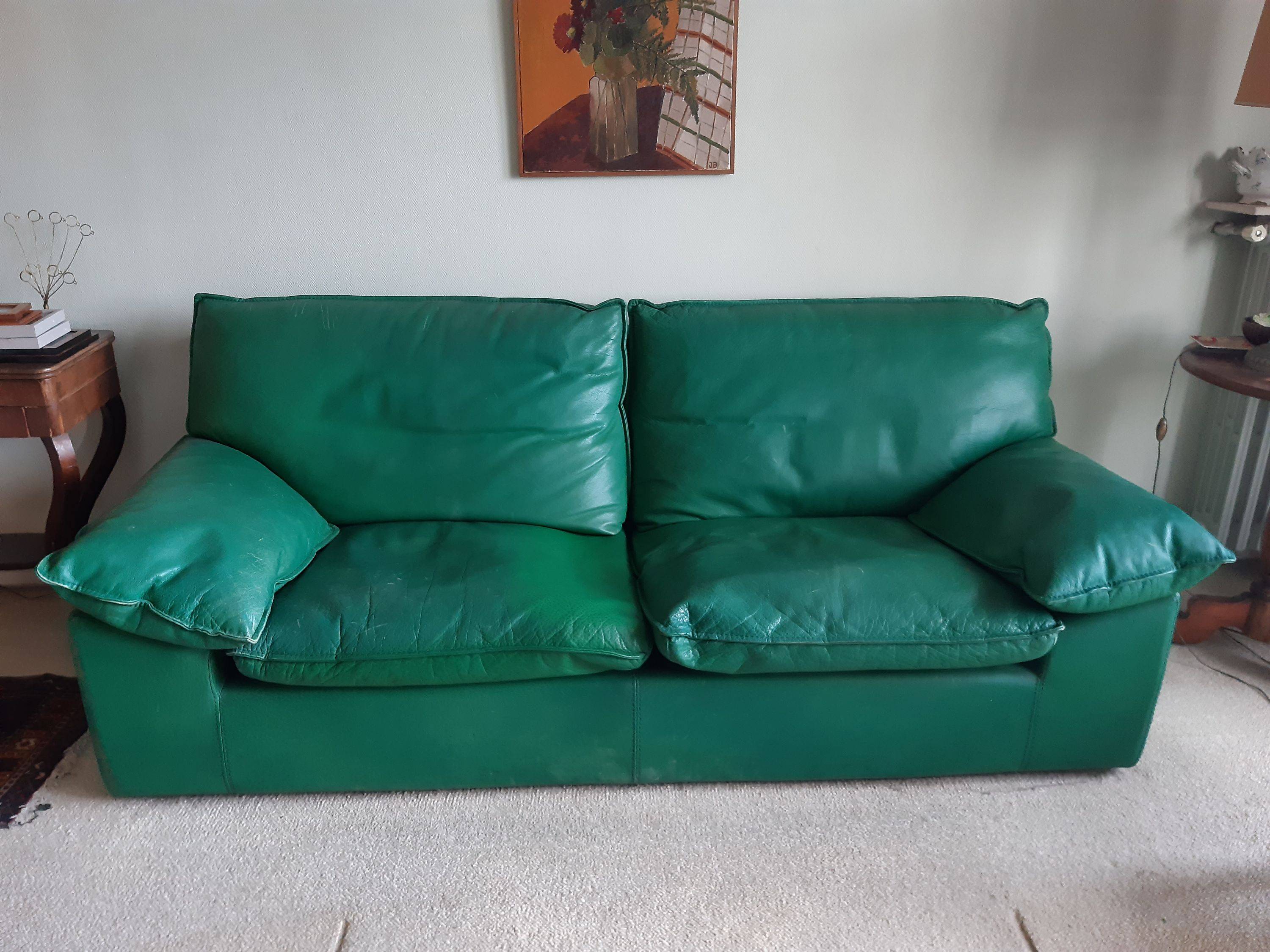 Donne canapé cuir Duvivier 2 places et son fauteuil, bon état