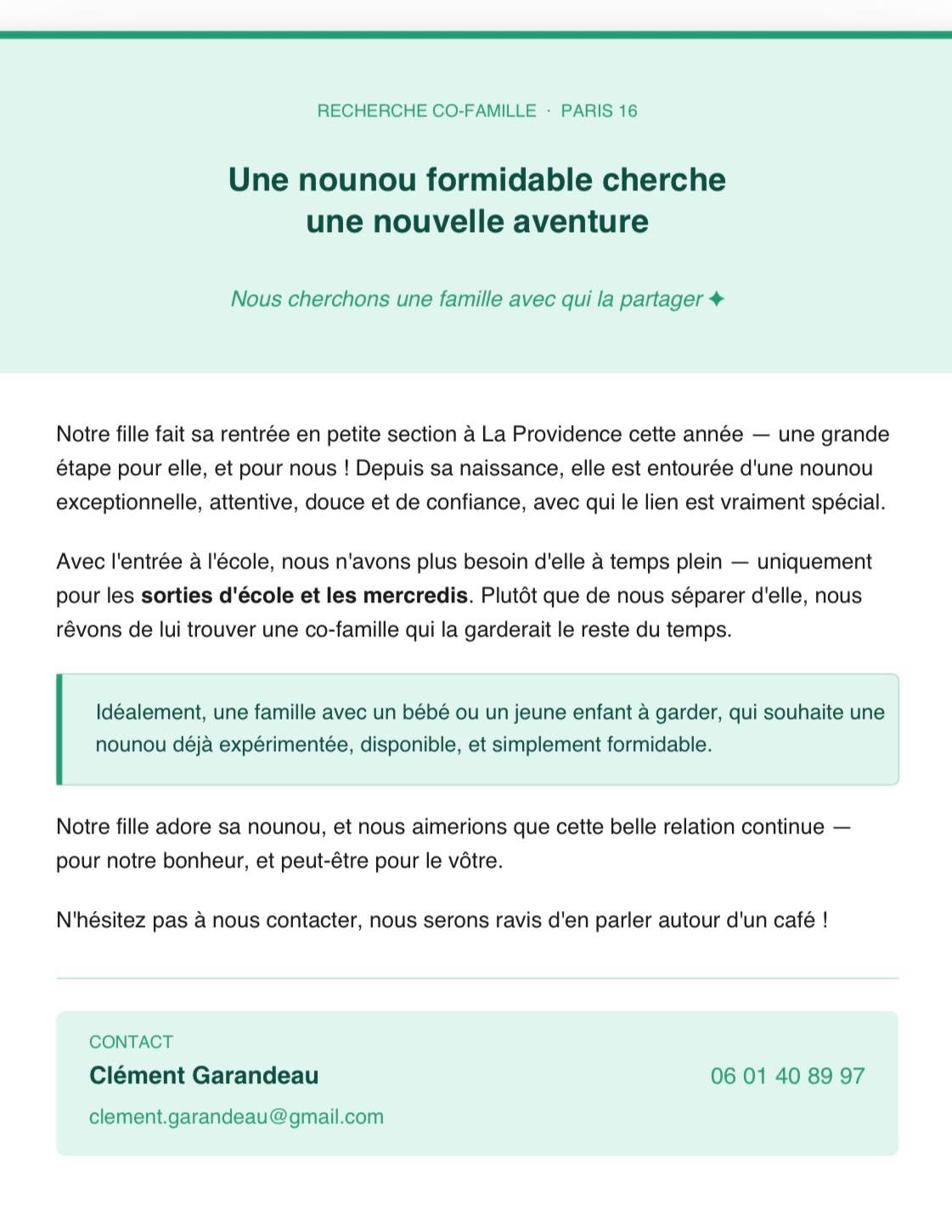 Propose garde partagée sur Paris 16ème