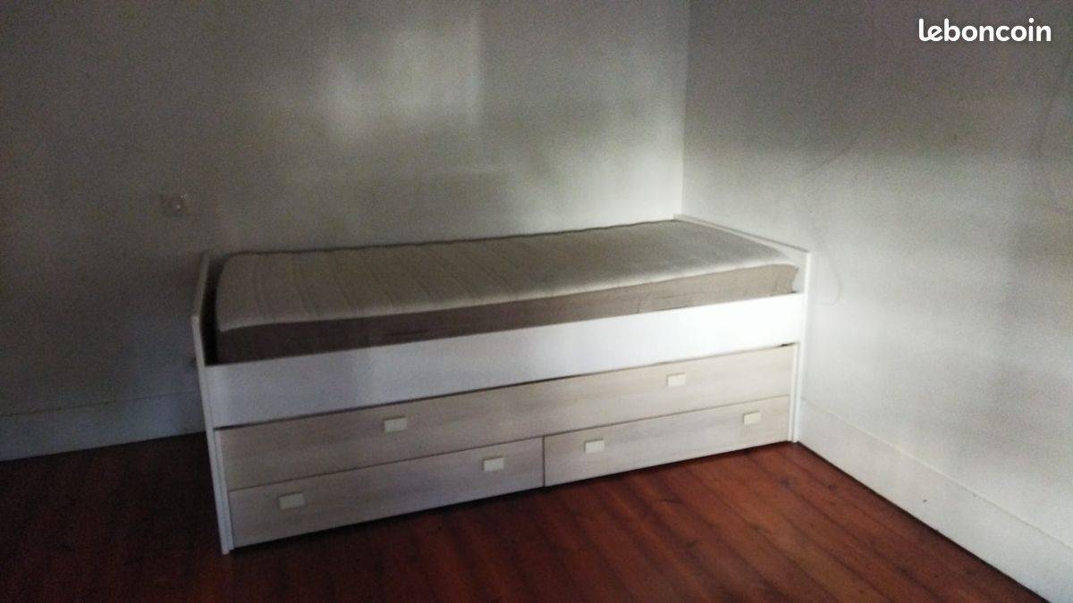 Vends lit 90x200 cm + lit tiroir 90x200 + 2 tiroirs blanc et bois clair, équivalent Släkt de Ikea ou ancienne version