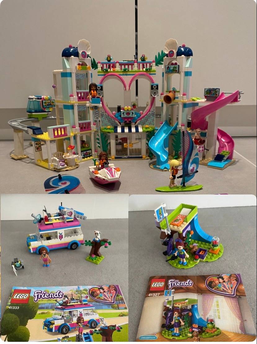 Vends lot de 3 sets Lego Friends – Le complexe hôtelier (41347), véhicule (41333) et chambre (41327)