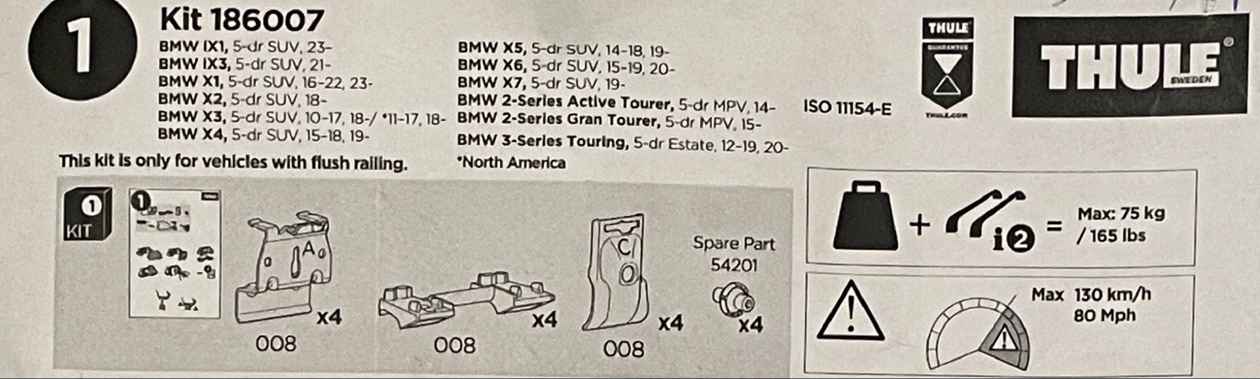 4 pattes de fixation THULE Kit Flush Rail 186007 / 6007 pour BMW