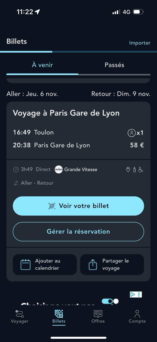 Propose train Toulon → Paris Gare de Lyon le 6 novembre