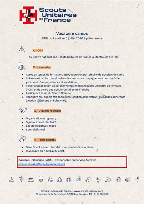 Recrute vacataire camps H/F - Scouts Unitaires de France