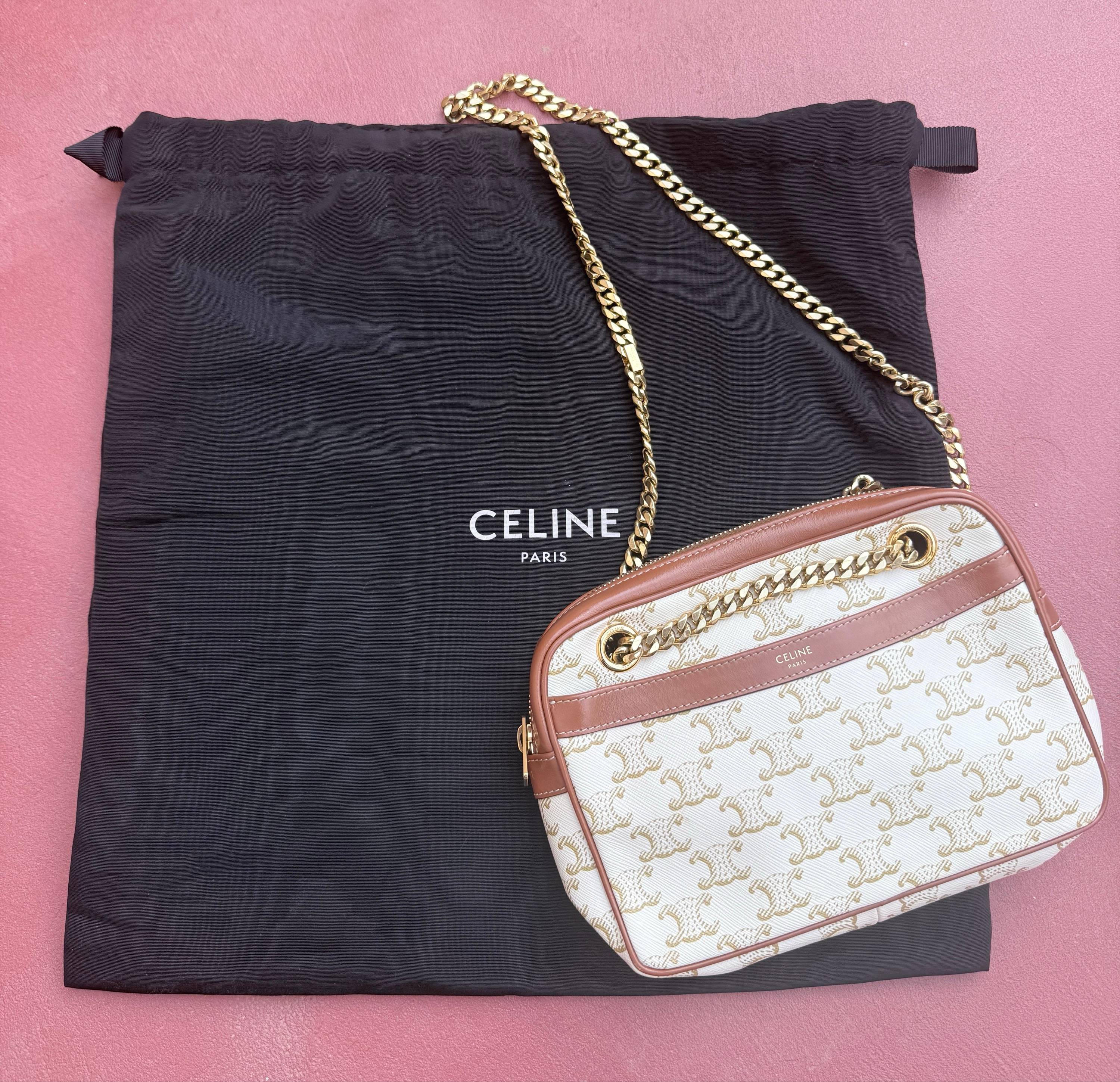 Vends sac bandoulière à chaîne en toile Triomphe blanc ivoire et cuir d'agneau tan