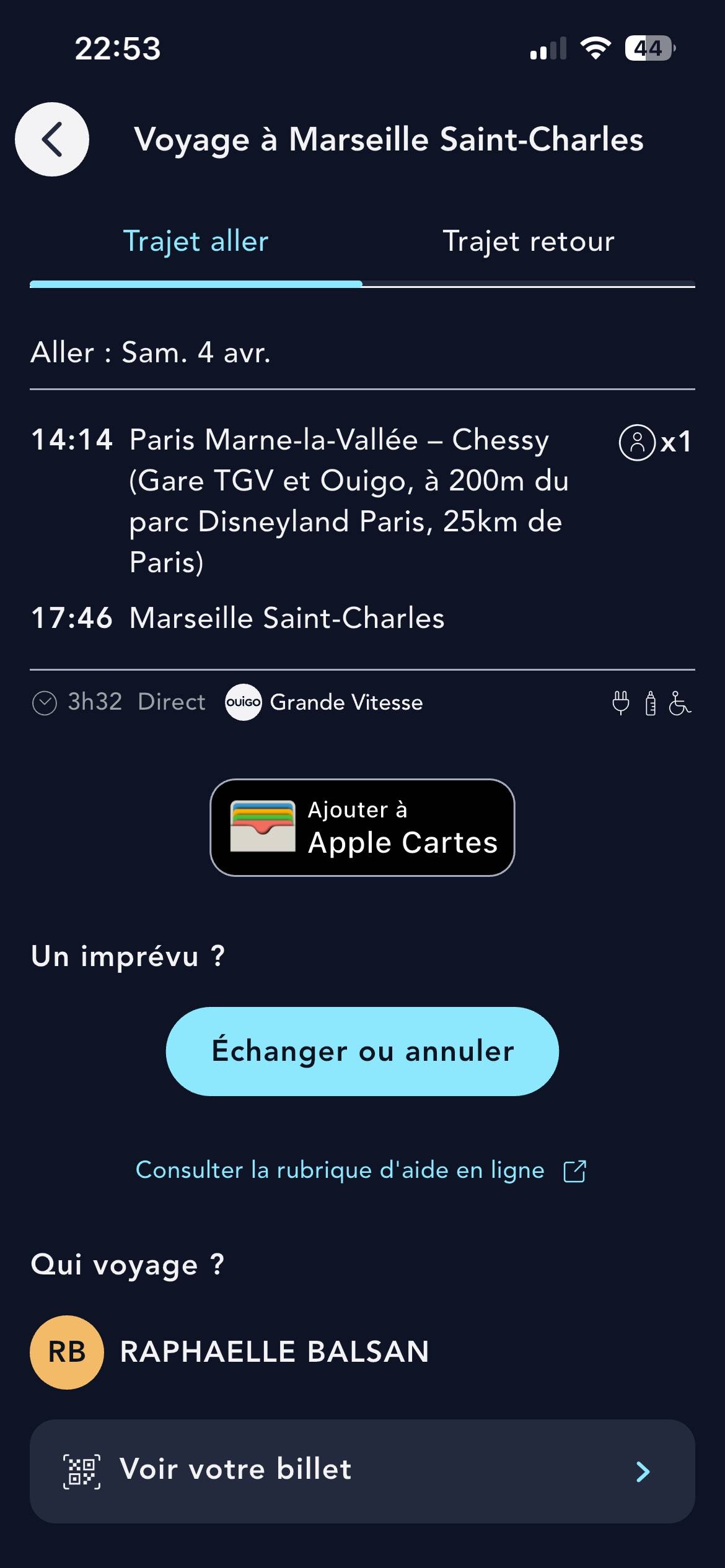 Vends billet de train Paris → Marne-la-Vallée le 4 avril