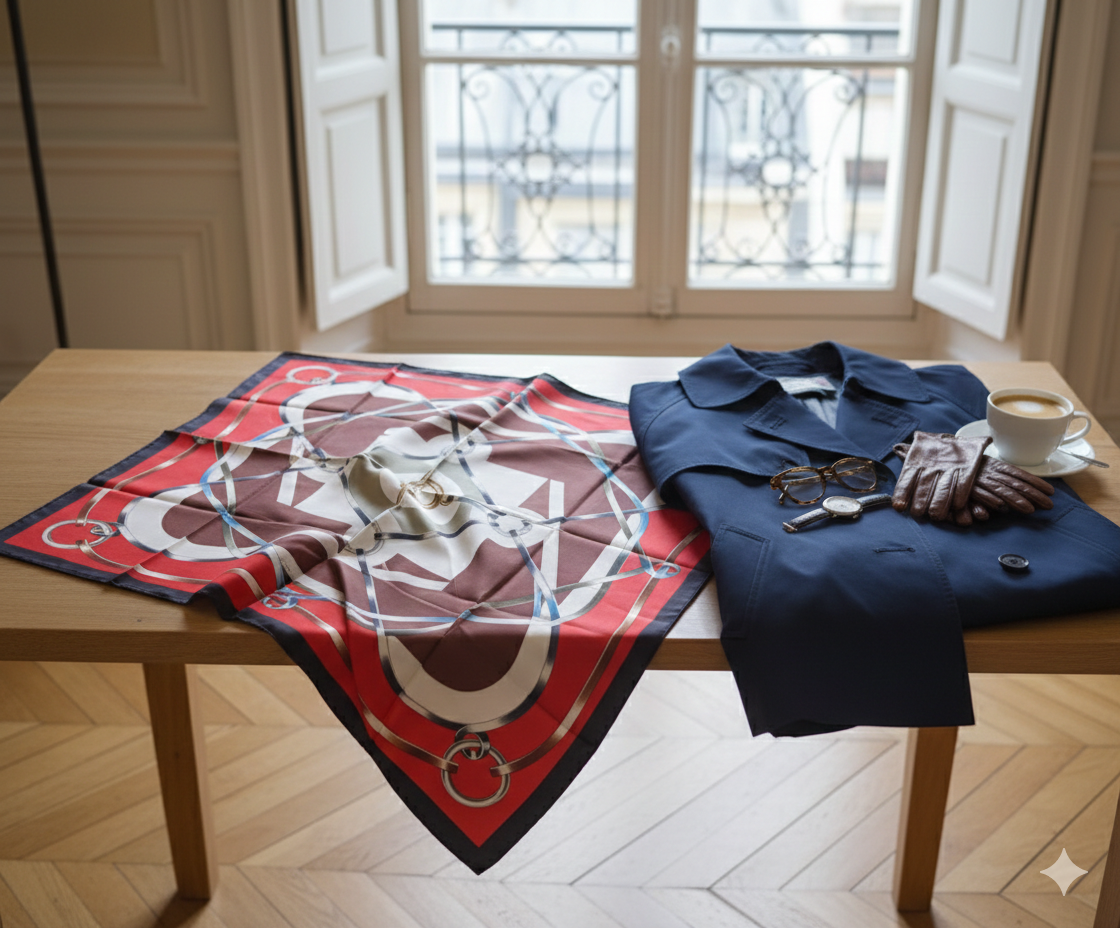 Vends carré en soie Hermès modèle "Figure artistique", signé F Manlik dans les tons crème, bordeaux