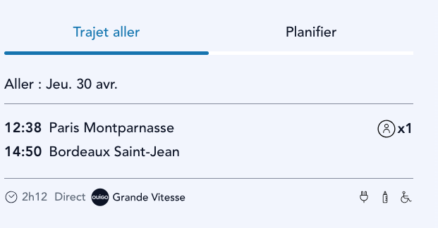 Propose billet TGV Paris → Bordeaux le 30 avril à 12h38 arrivée 14h50