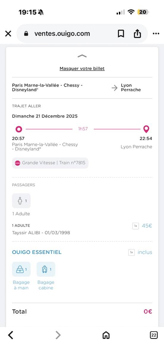 Propose billet Ouigo TGV Paris → Lyon le 21 décembre