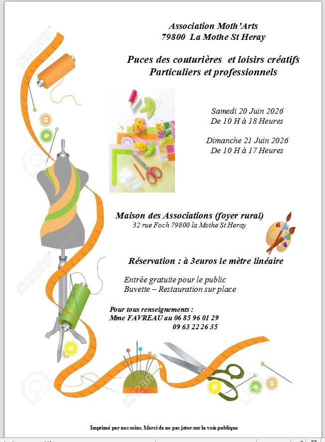 Propose puces de couturières et loisirs créatifs les 20 et 21 juin (79800)