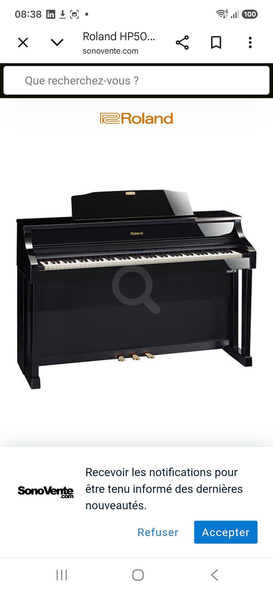 Vends piano Roland HP508-PE ébène poli.