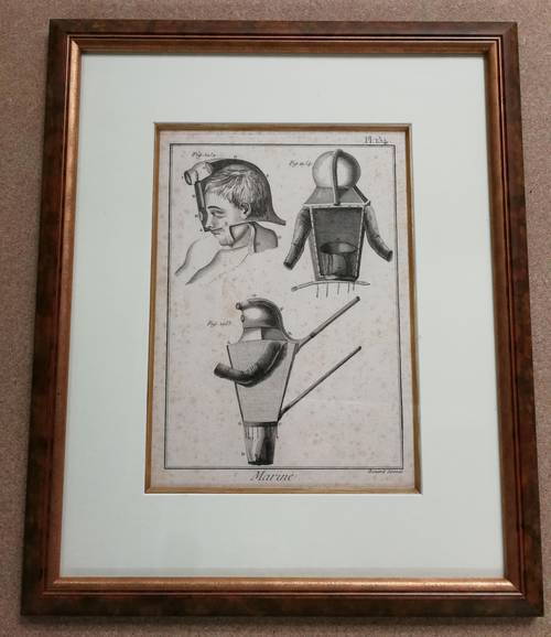 Vends gravure originale 1787 (XVIIIème siècle) Benard direxit - marine royale française - scaphandre - scaphandrier