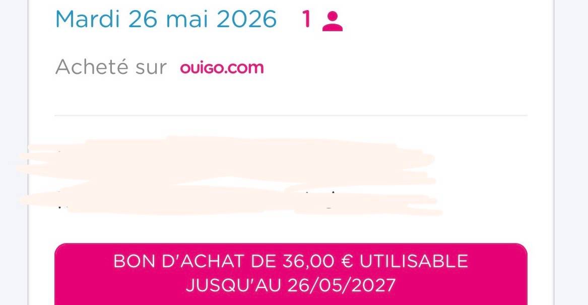Vends bon d’achat Ouigo le 26 mai