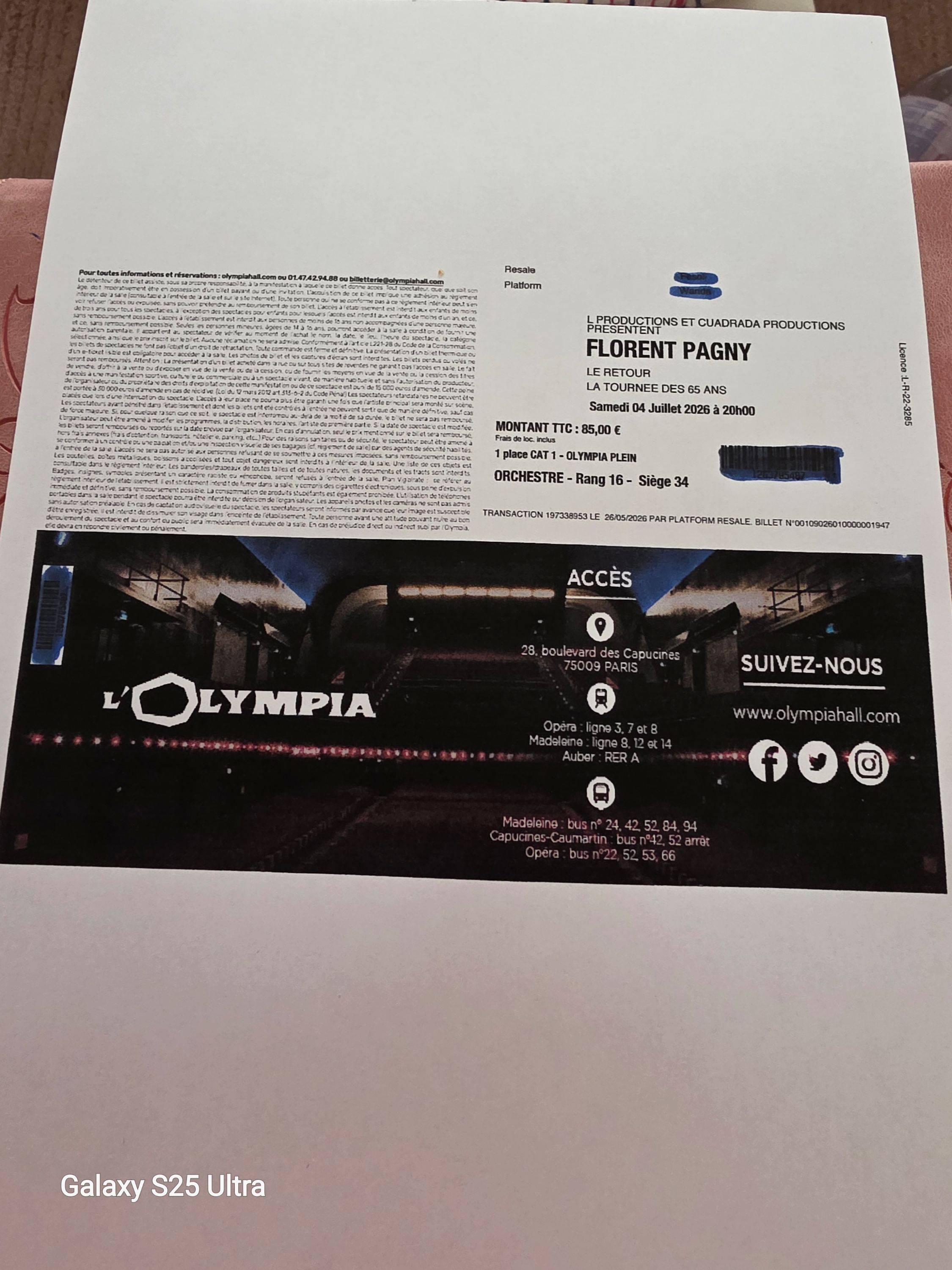 Propose billet pour le concert de Florent Pagny à l’Olympia le 4 juillet