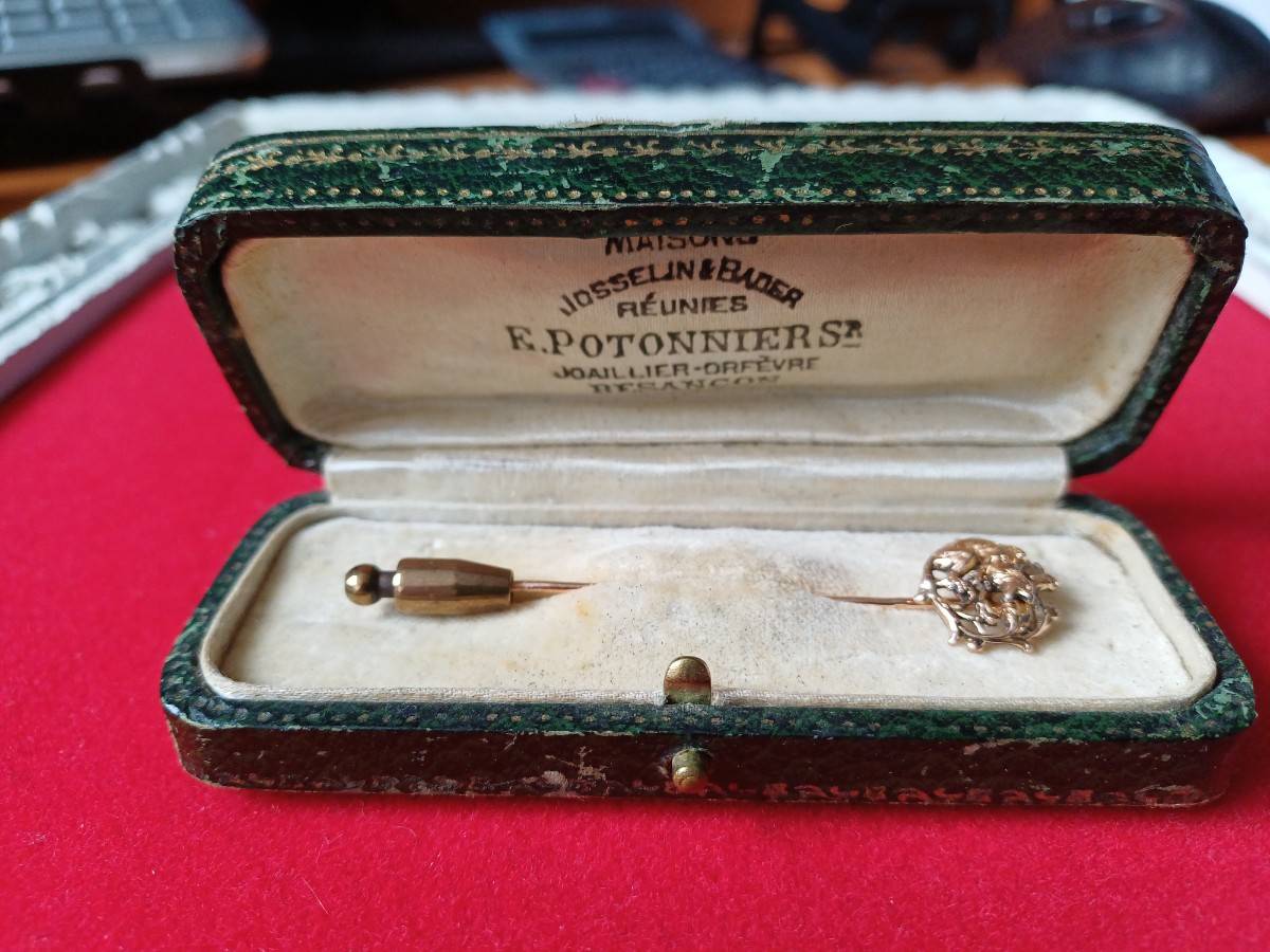 Très jolie épingle de cravatte ancienne en plaqué or FIX représentant un dragon ou chimère dans son coffret