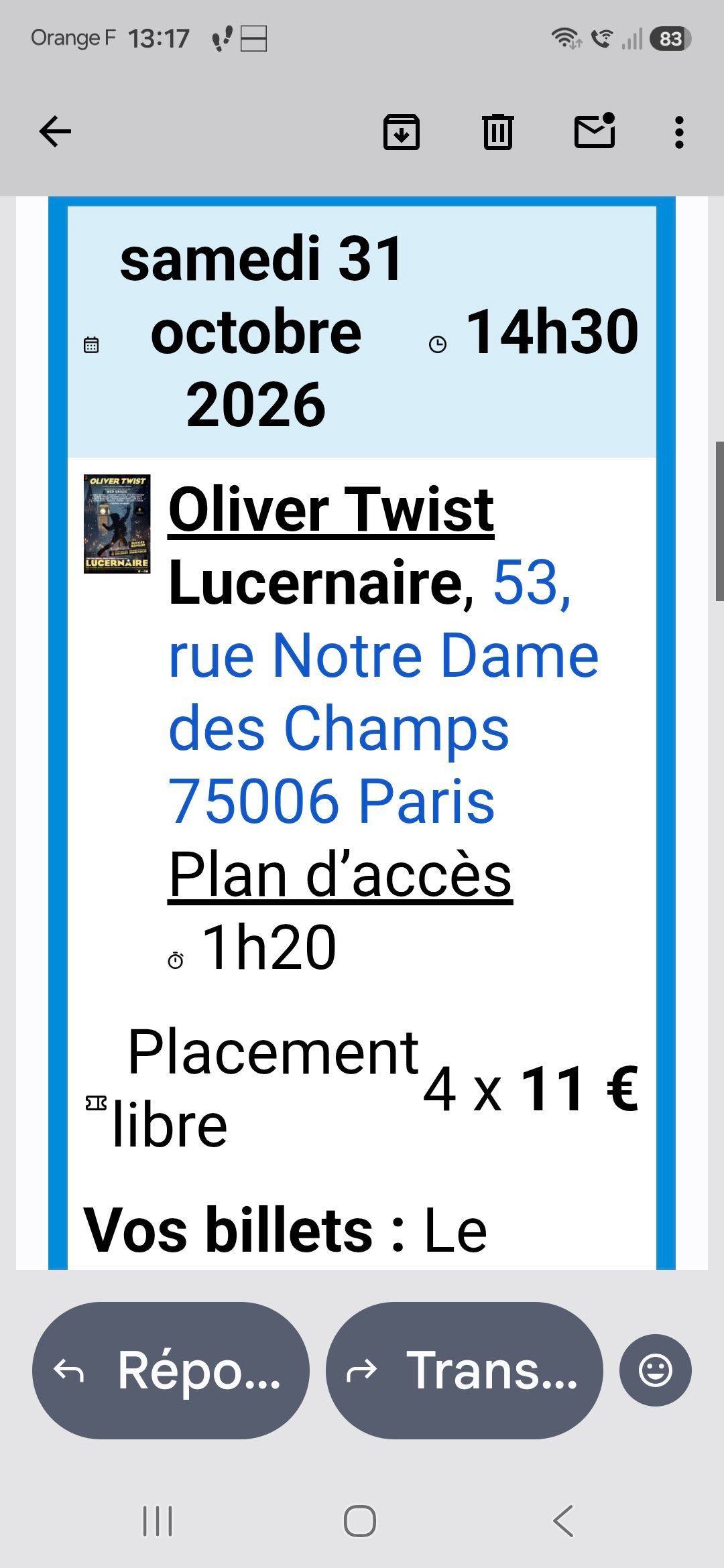 Vends 4 places de théâtre  Oliver Twist Lucernaire
