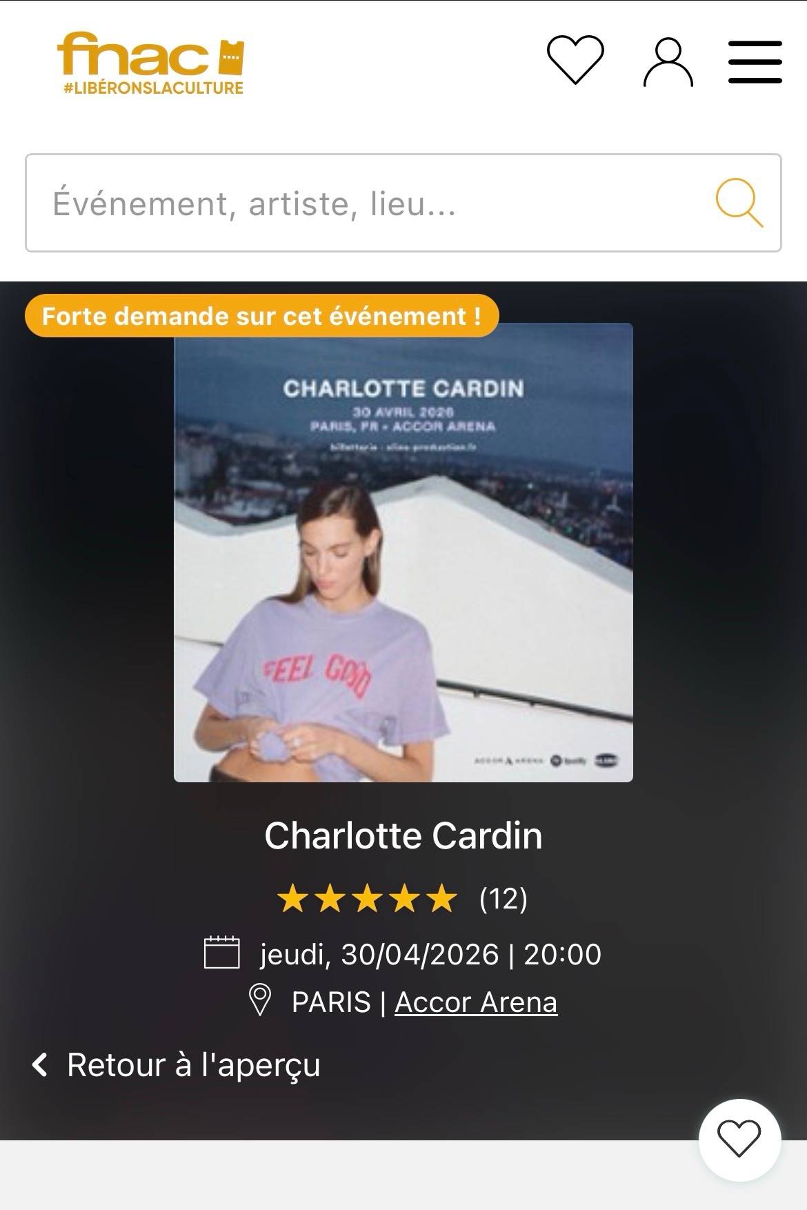 Vends 2 places pour le concert de Charlotte Cardin à Bercy le 30 avril 2026