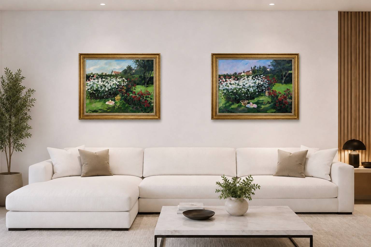 Olga Mischkine Paire d’huiles sur toile, Jardin Fleuri, 81 x 65 cm