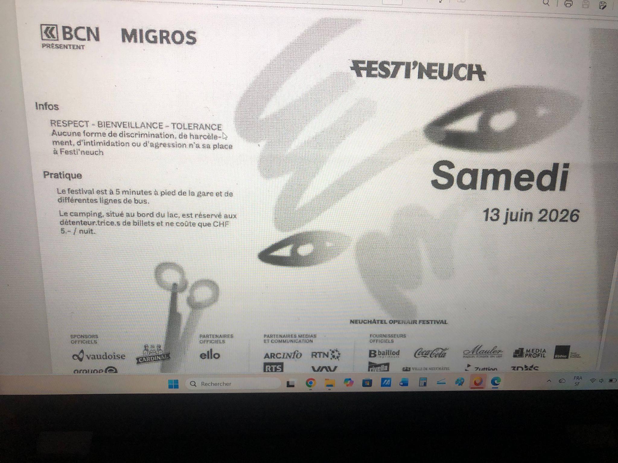 Vends 2 billets pour Festineuch à Neuchâtel le 13 juin