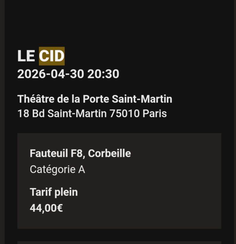 Vends 1 place catégorie A pour Le Cid le 30 avril 2026 à 20h30