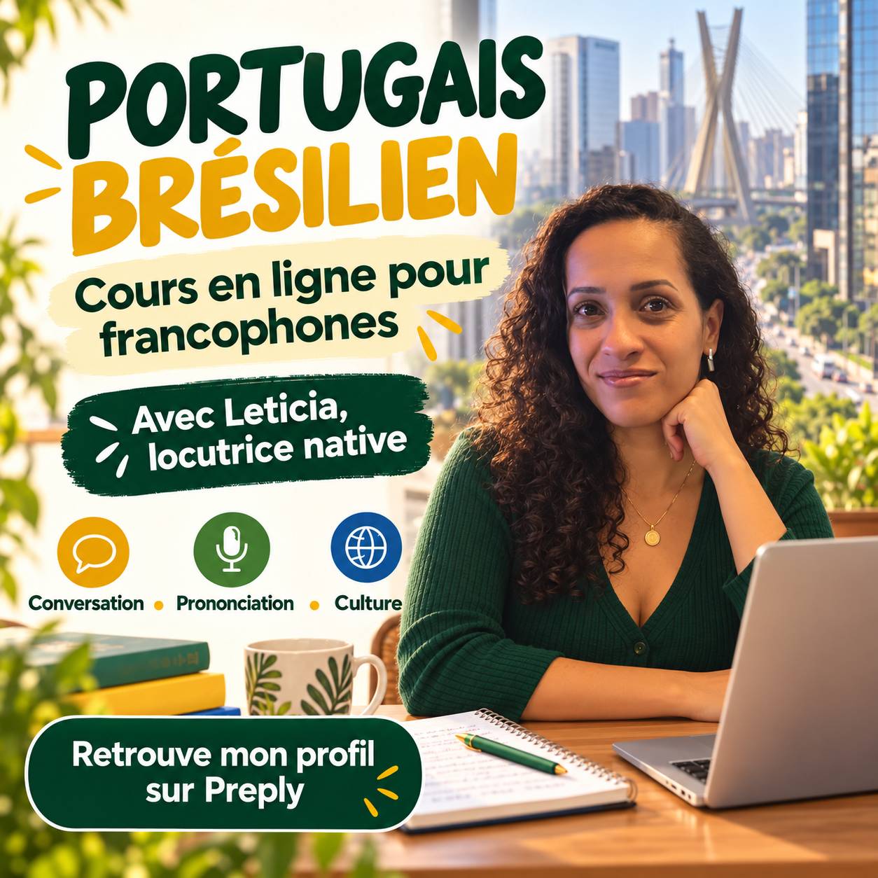 Propose cours de portugais brésilien en ligne avec une locutrice native