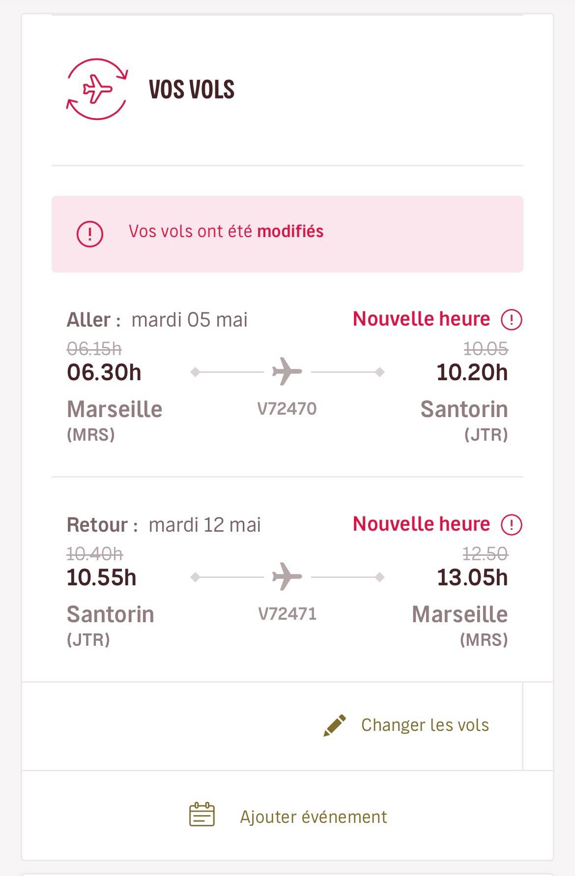 Vends 2 billets d’avion Marseille → Santorin aller-retour le 5 mai