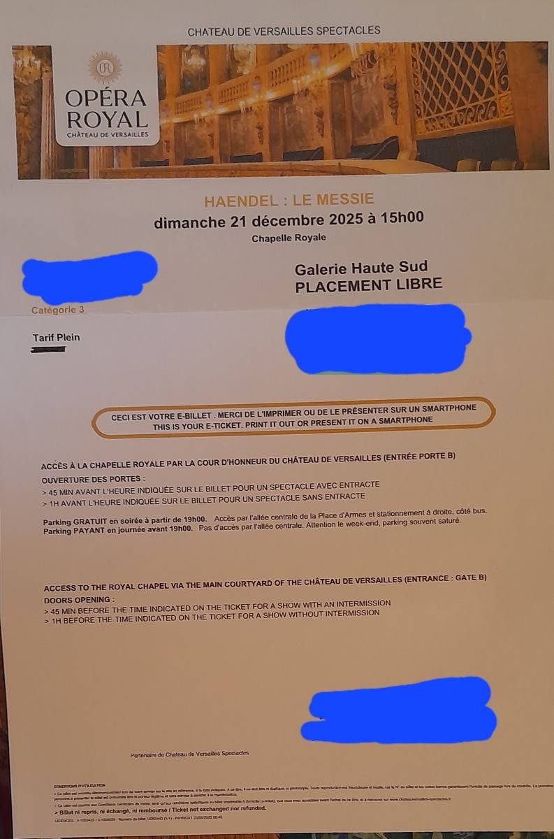 Propose 1 billet pour le concert de Haendel le 21 décembre