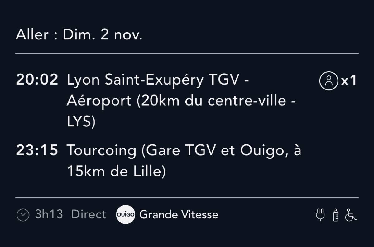 Vends billet de train Lyon → Tourcoing le 2 novembre