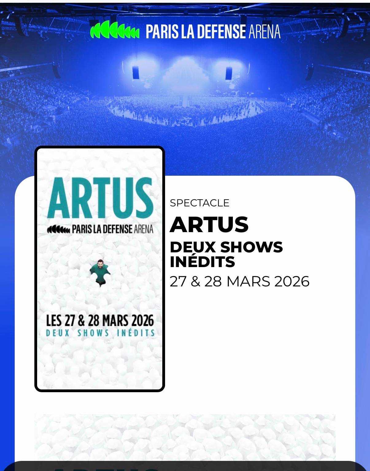 Vends 2 places pour le spectacle Artus le 28 mars