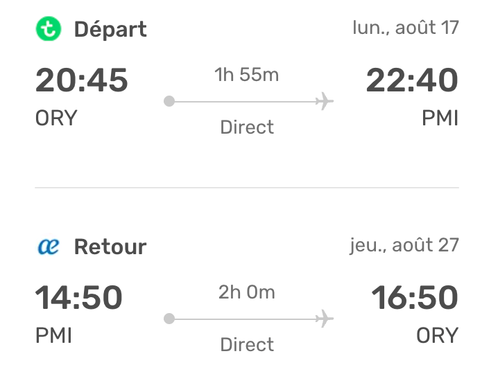 Vends billet d'avion A/R pour Palma de Majorque départ 17/08  retour 27/08
