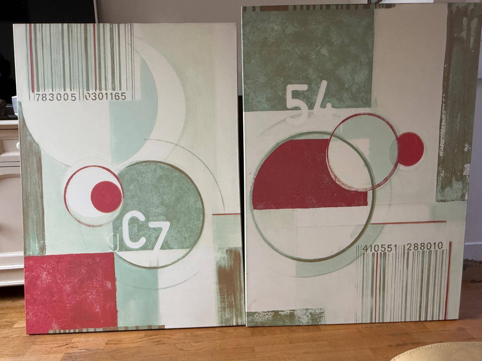 Vends lot de 2 grands tableaux modernes abstraits 93x130cm style industriel/loft