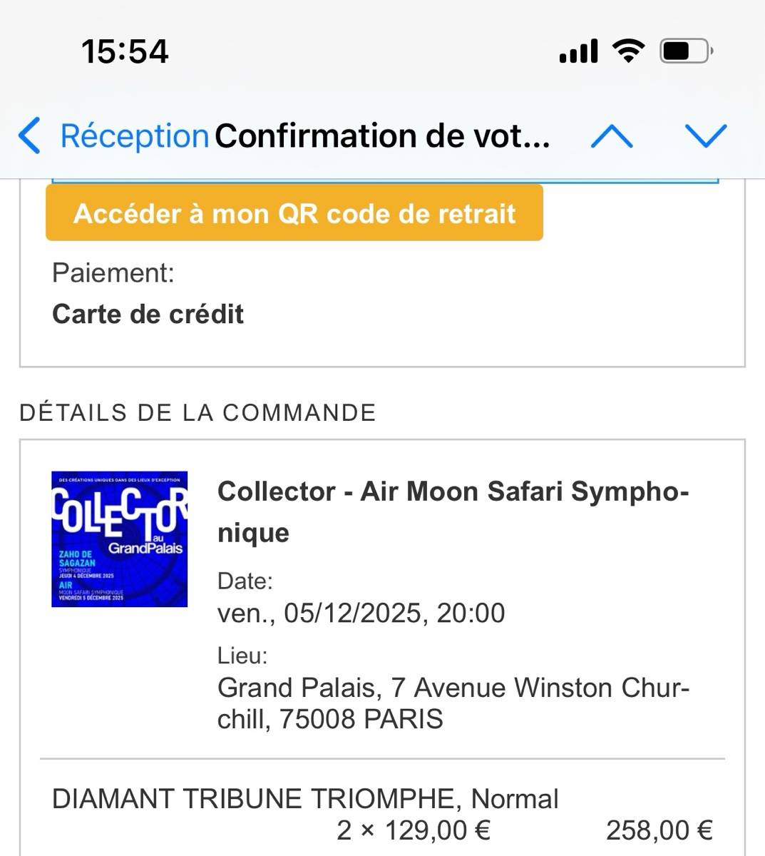 Vends 2 billets pour le concert de AIR Philharmonique au Grand Palais le 5 décembre