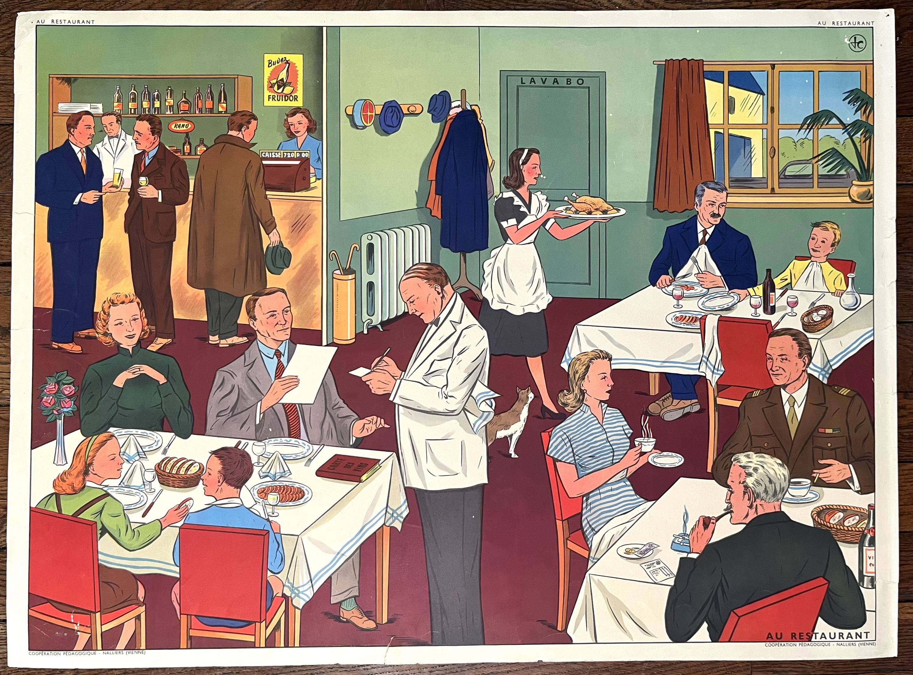 🛣️ Ancienne affiche scolaire Rossignol, 1950 - La route, le restaurant