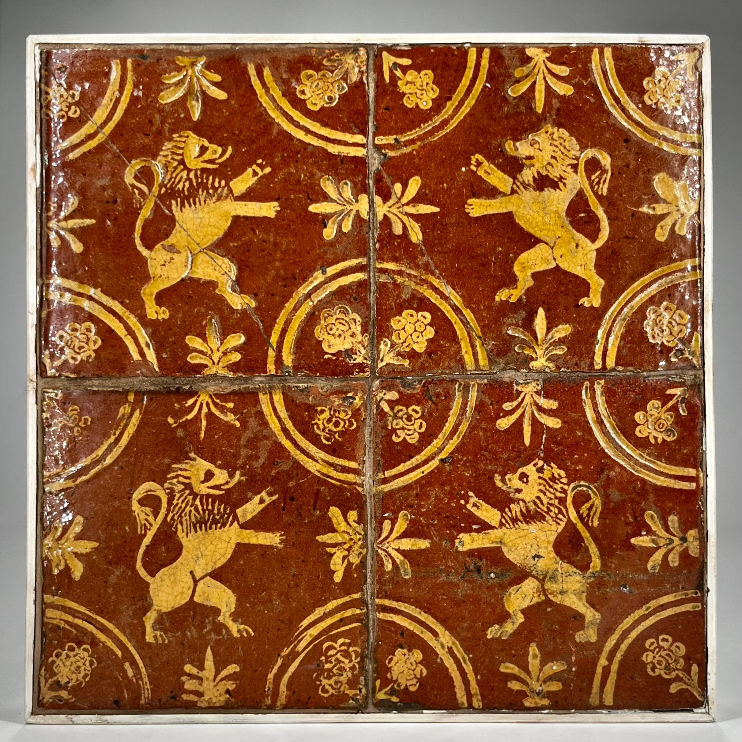 Vends quatre carreaux au lion des Flandres en terre vernissée - Nord ...