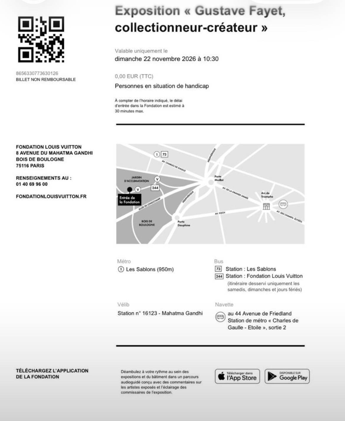 Vends billet Fondation Vuitton 15/11/26