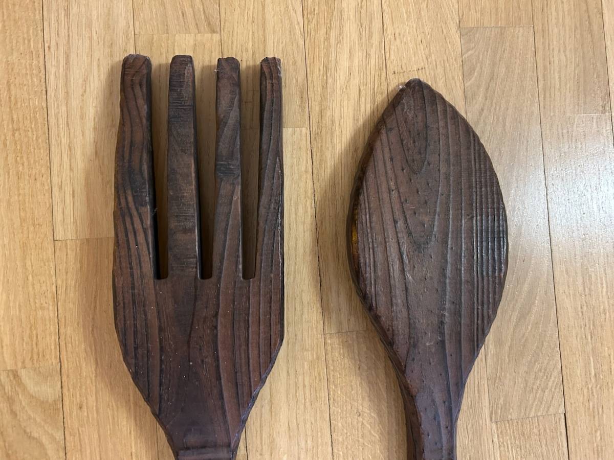 Fourchette et cuillère géante en bois déco vintage