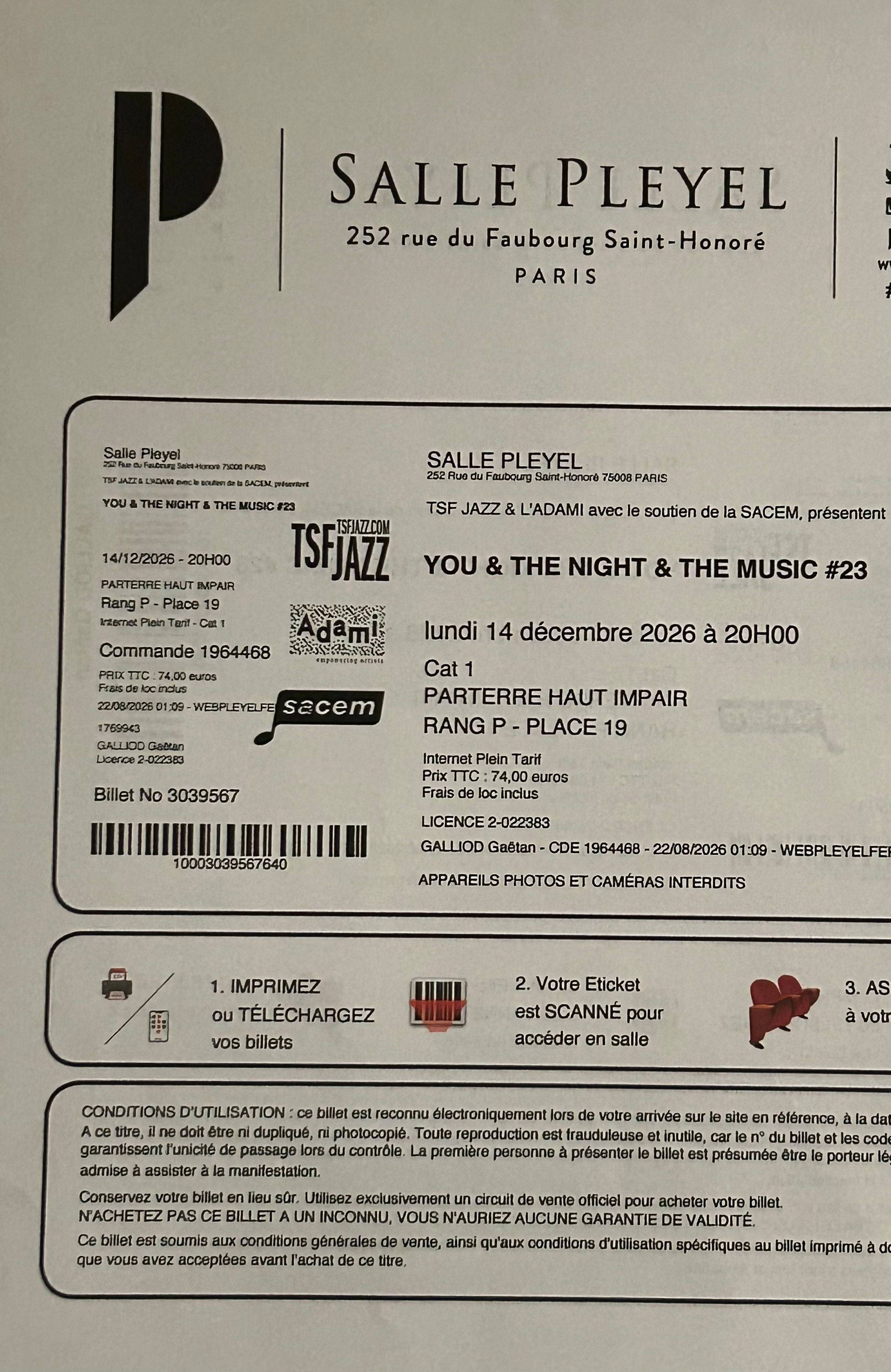 Propose 2 billets pour le concert de la Nuit du Jazz : You & The Night & The Music #23 à la Salle Pleyel 75008 Paris le 14 décembre