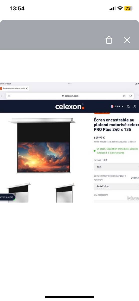 Vends écran de projection encastrable Celexon 240x135 neuf + télécommande