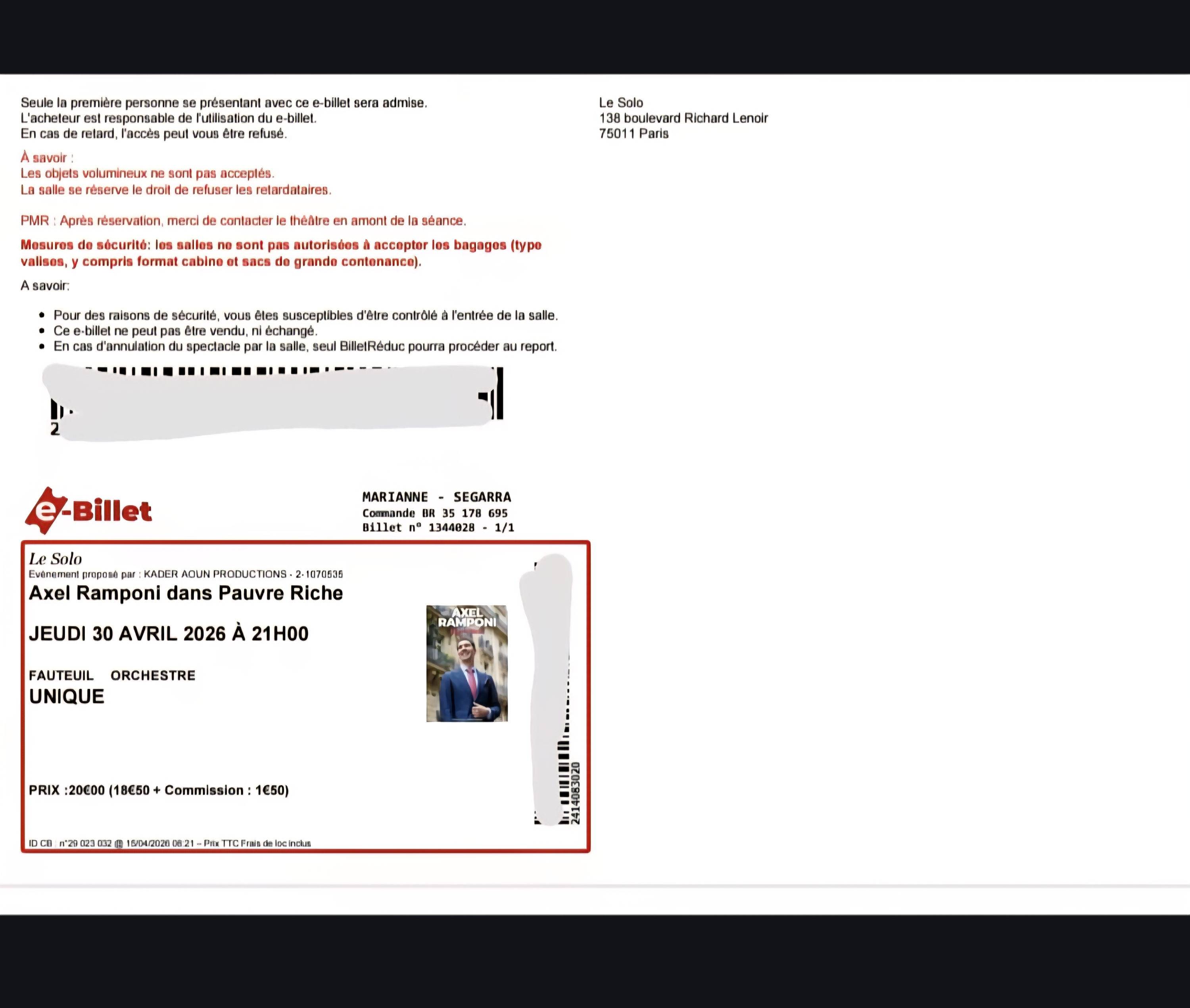 Vends 1 place pour le spectacle d’Axel Ramponi le 30 avril