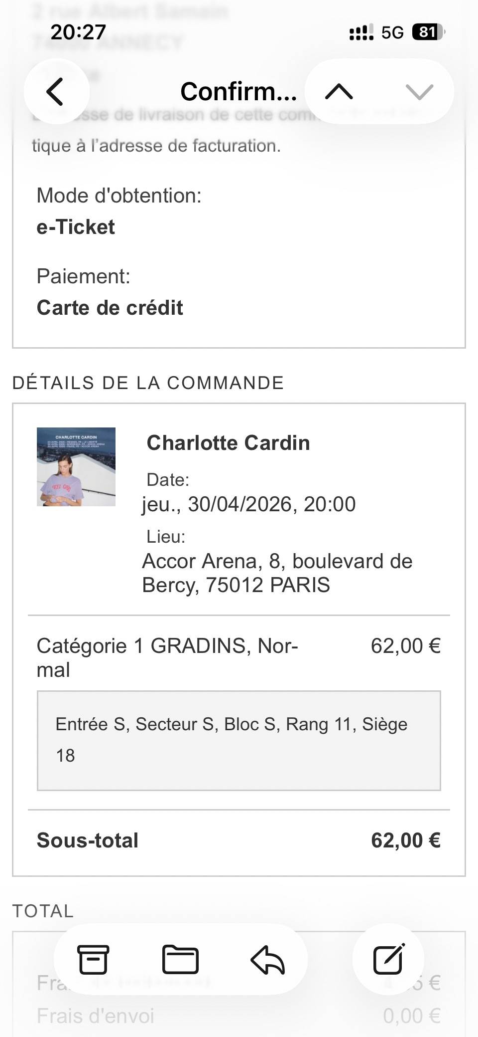 Vends 1 place pour le concert de Charlotte Cardin à Bercy le 30/04