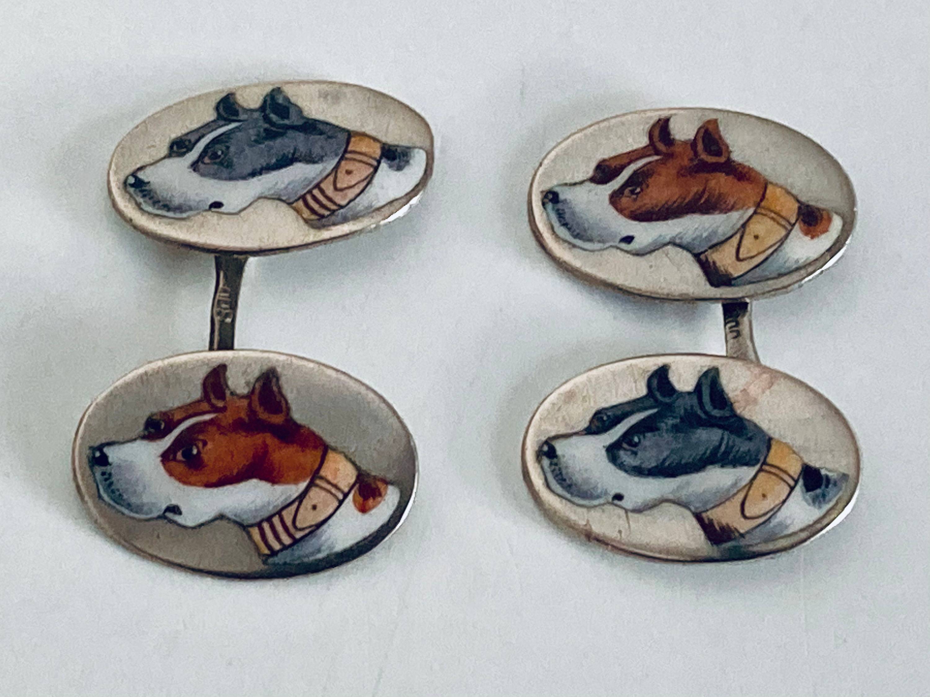 Vends boutons manchette argent massif email Chien Bulldog