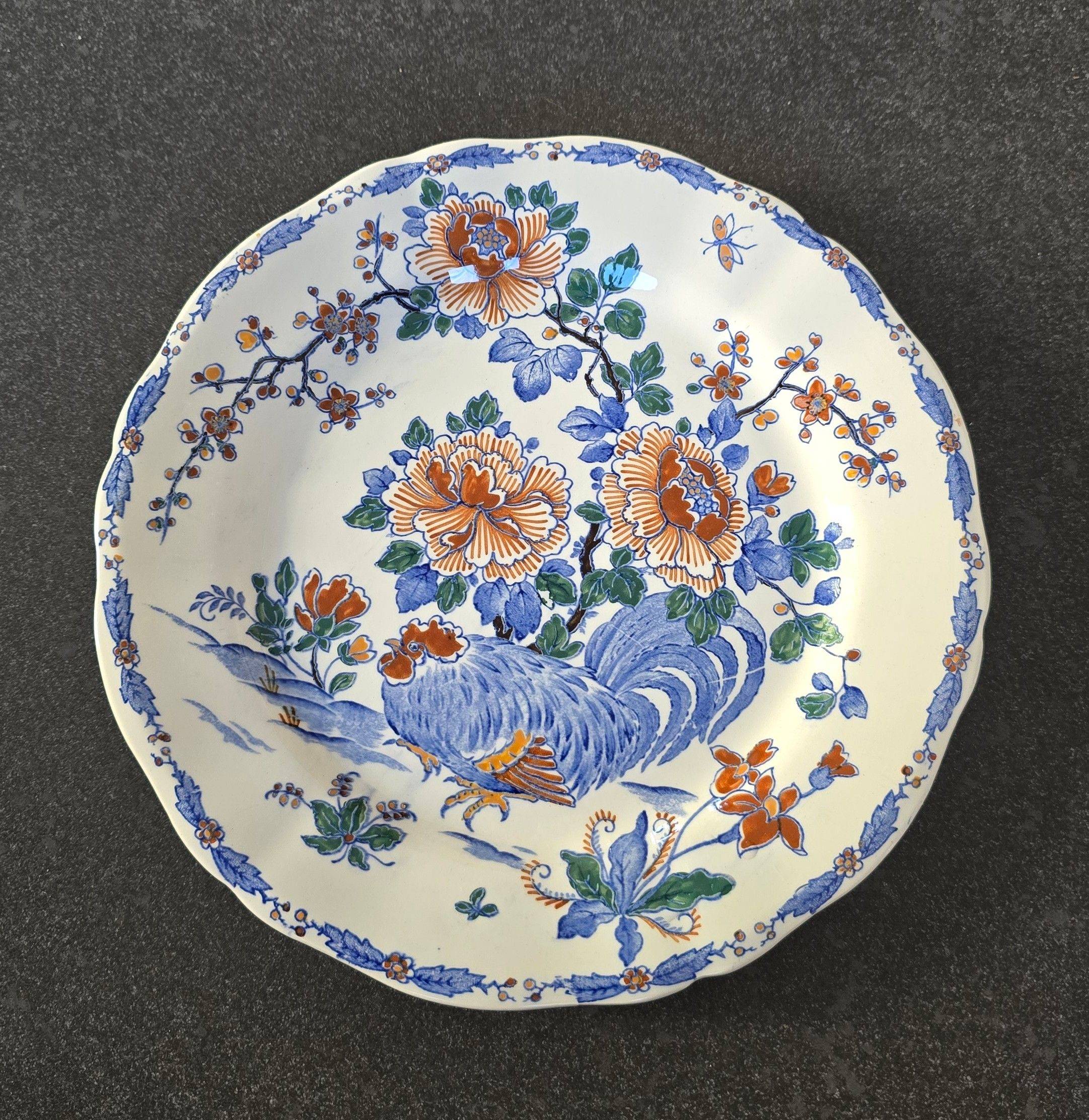 Vends ancienne grande assiette Gien décor coq pivoines D26 cm