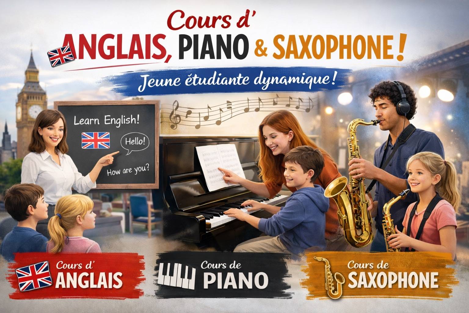 Propose cours d’anglais et de musique en juin et juillet
