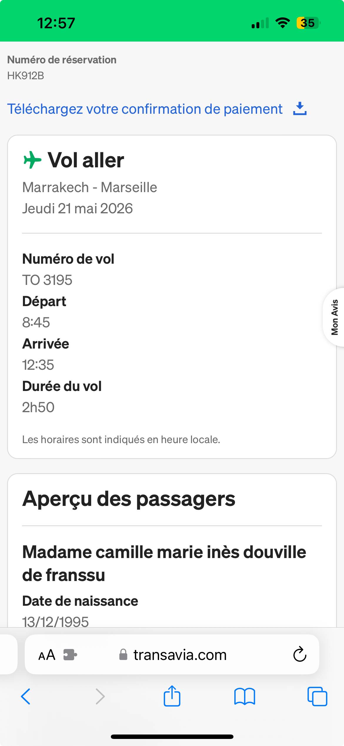 Vends place d’avion Marrakech → Marseille le 21 mai