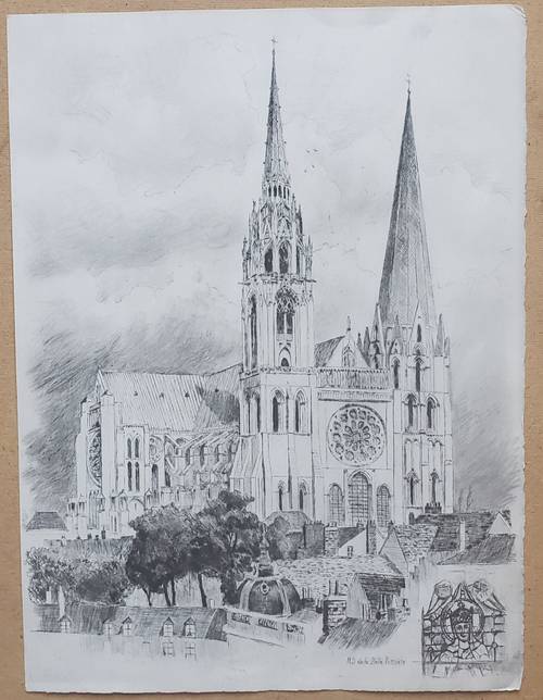 4 dessins lithographie Cathédrale de Chartres