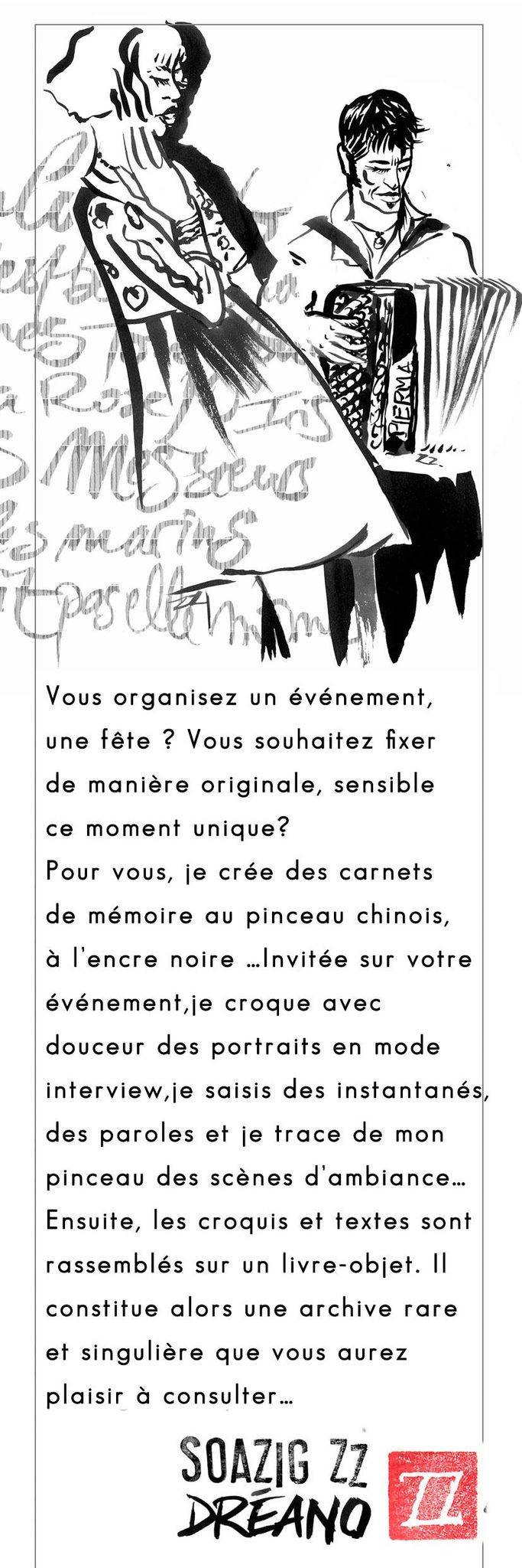 Propose carnets de mémoire dessinés / reportage dessiné sur des fêtes & événements + expo en direct
