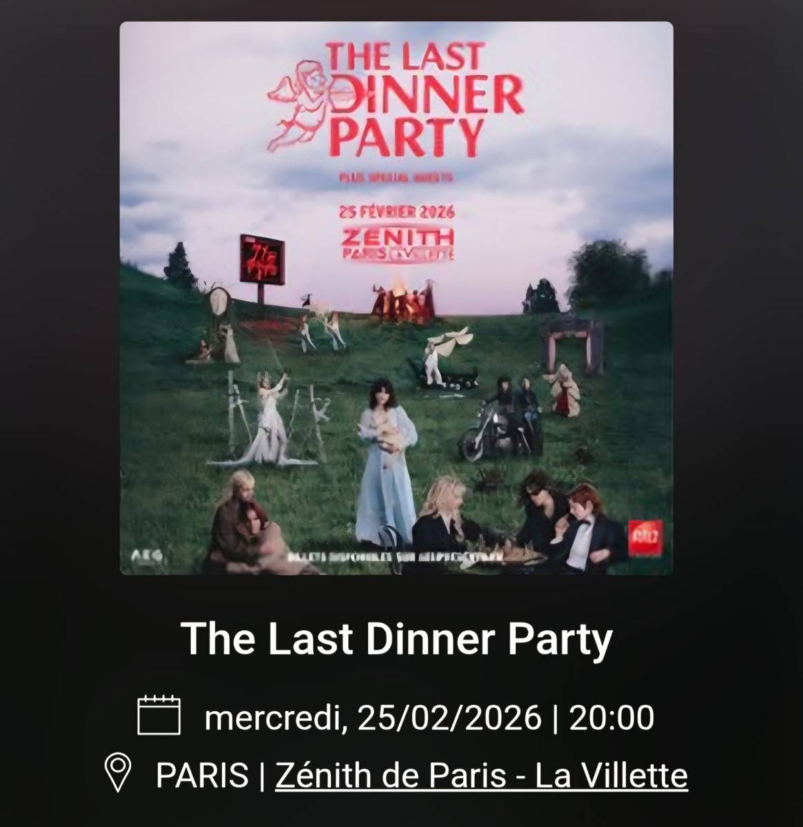 Vends 2 billets concert The Last Dinner Party au Zenith le 25/02/2026