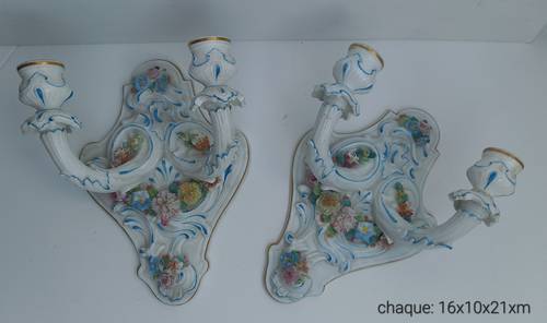 Vends 2 appliques chandeliers en porcelaine de Saxe